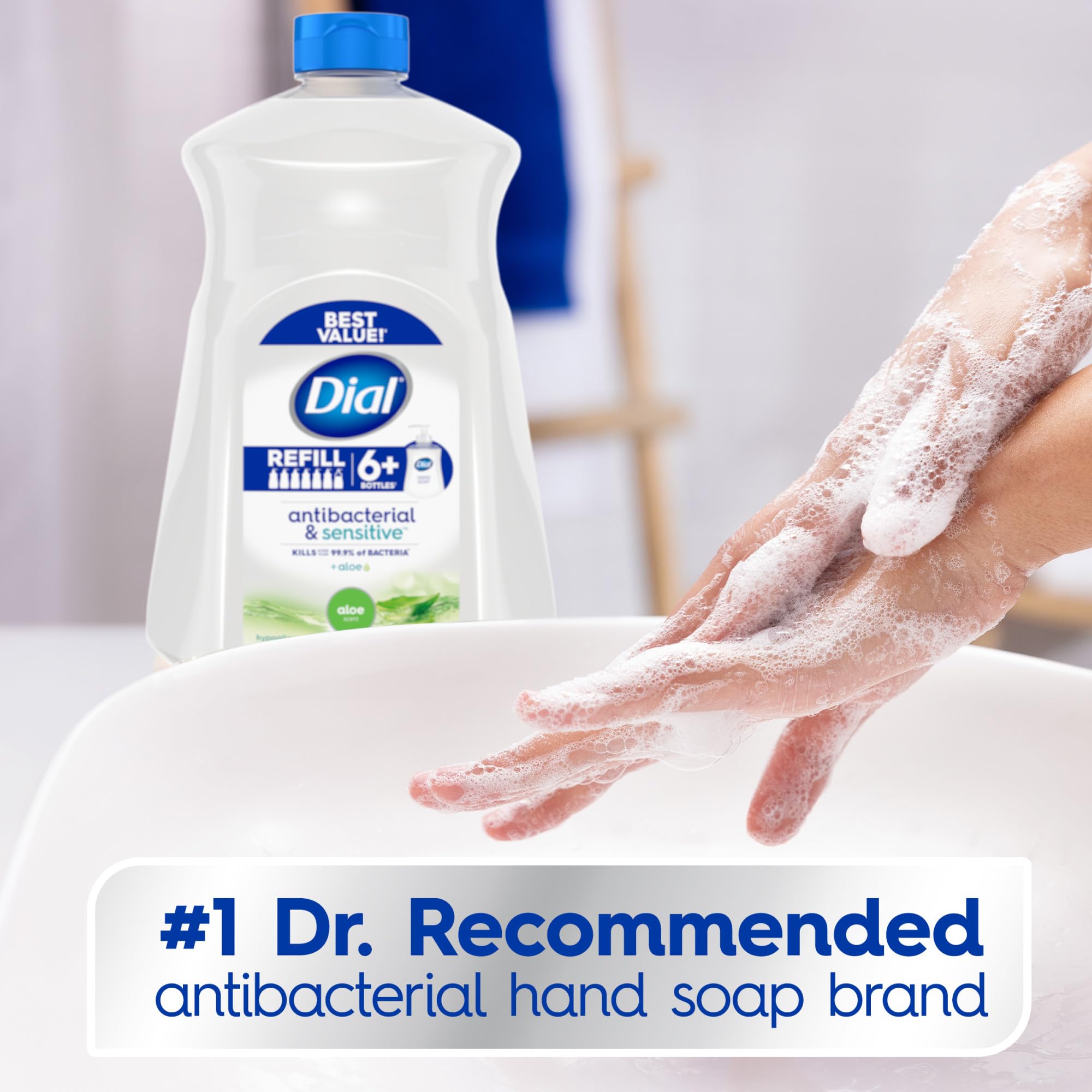Dial Antibacterial Defense Aloe label close-up highlights aloe infusion and dermatologist-tested quality.