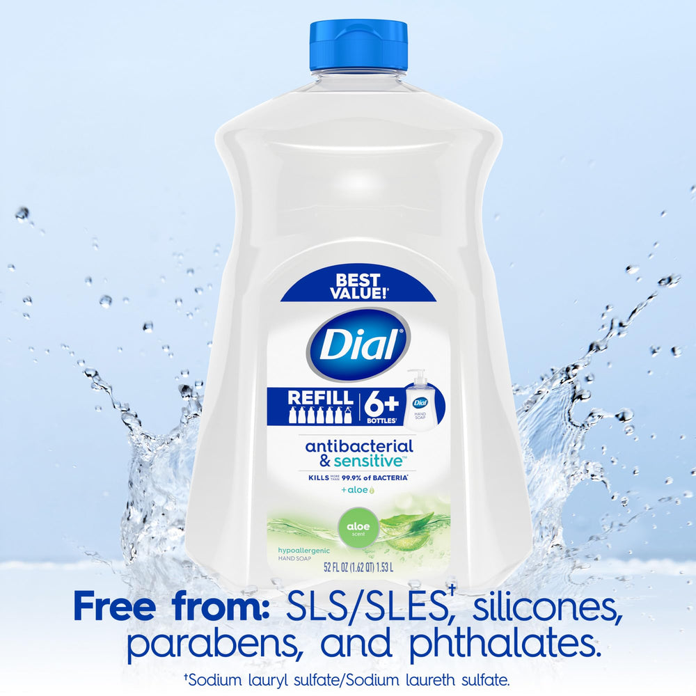 Dial Antibacterial Defense Aloe recyclable bottle emphasizes eco-friendly packaging.