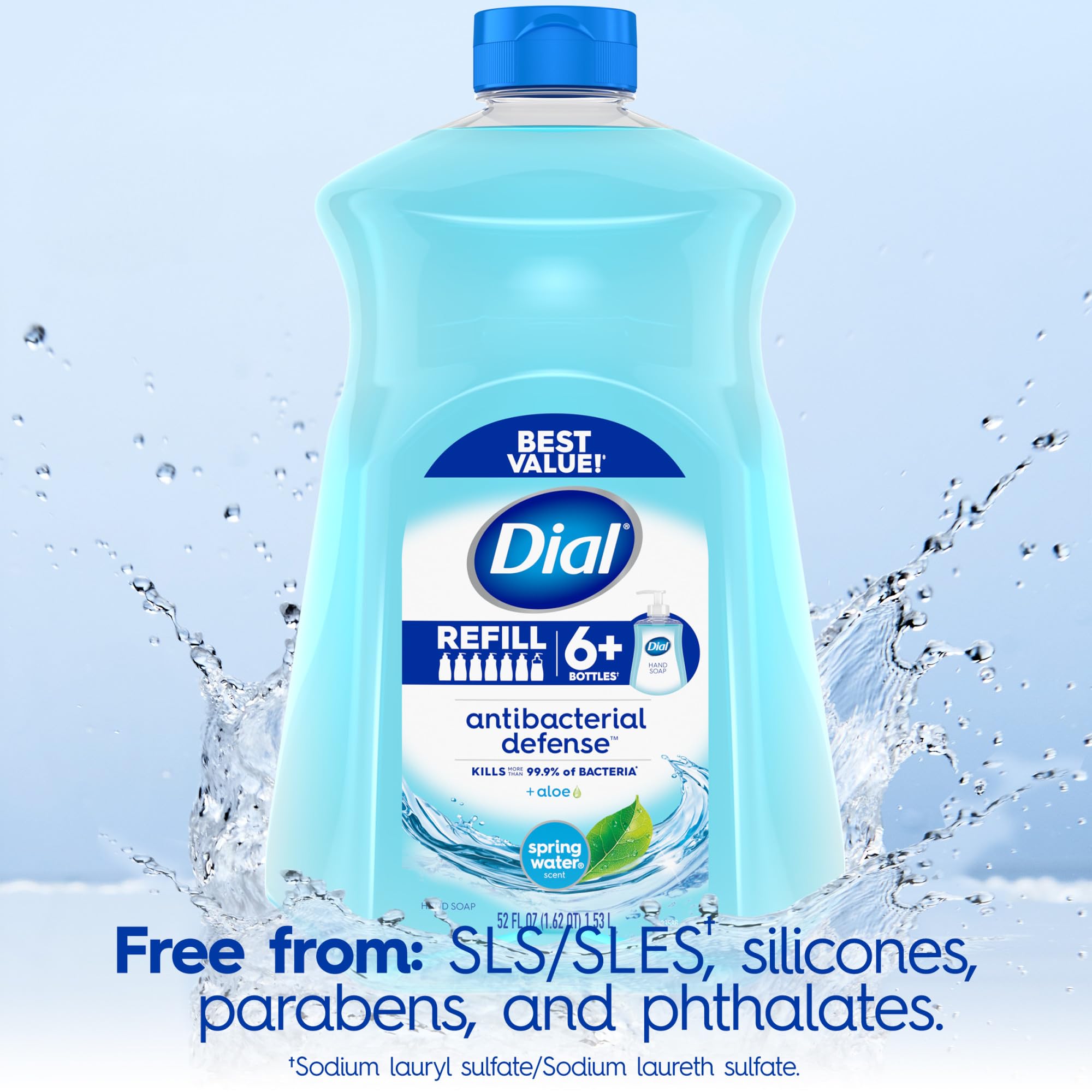 Dial Antibacterial Defense bottle in bathroom with soft shine.