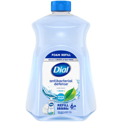 Dial Antibacterial Defense foaming soap bottle with aloe beside kitchen sink for hygiene.