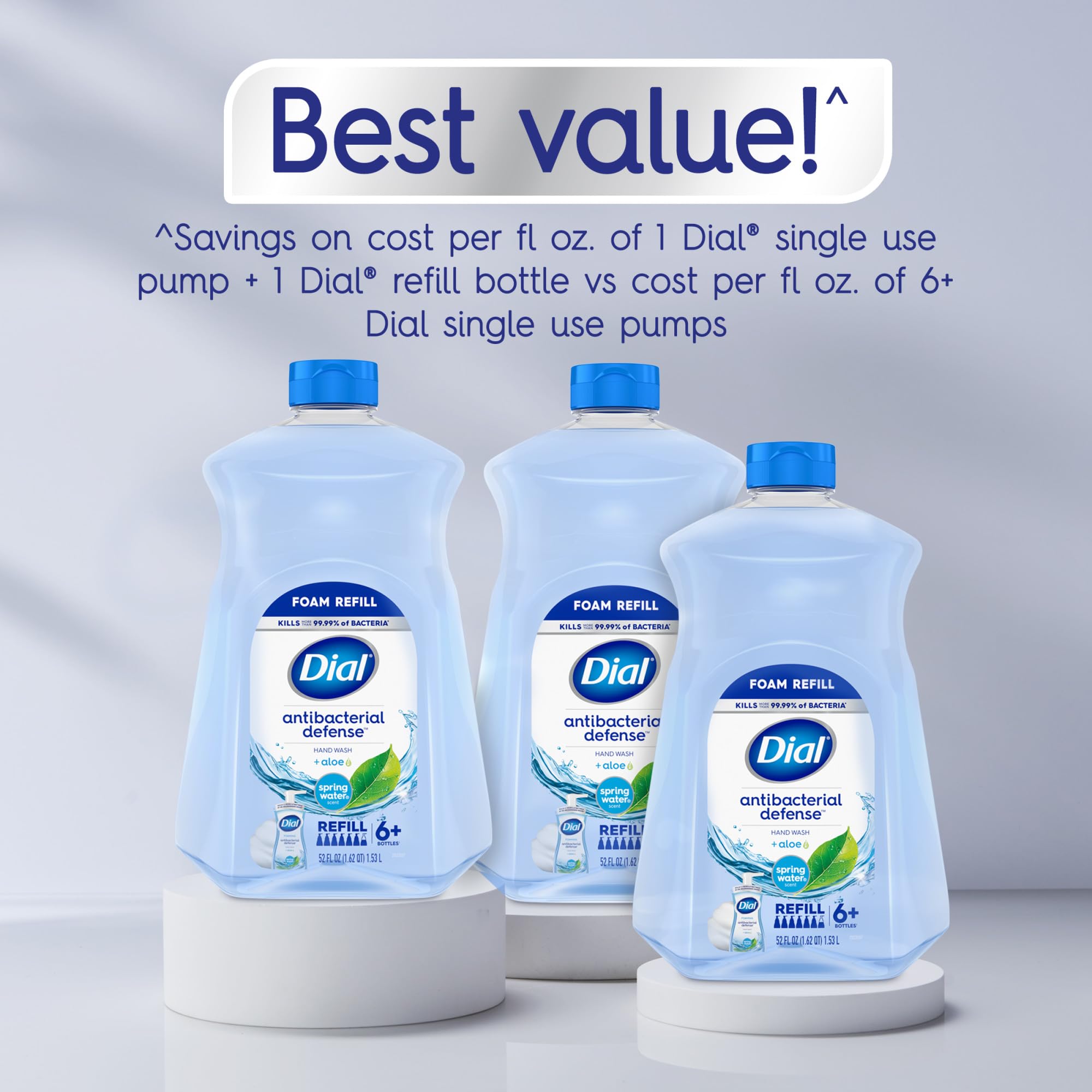 Dial Antibacterial Defense foaming soap aloe moisturizing action on skin.