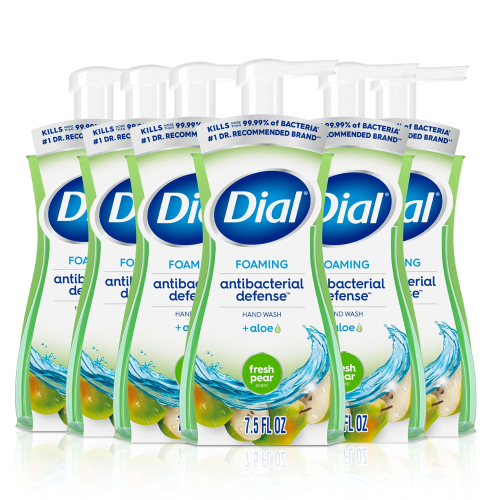 Dial Antibacterial Defense foaming hand soap pump demonstrates dense lather for thorough cleansing.