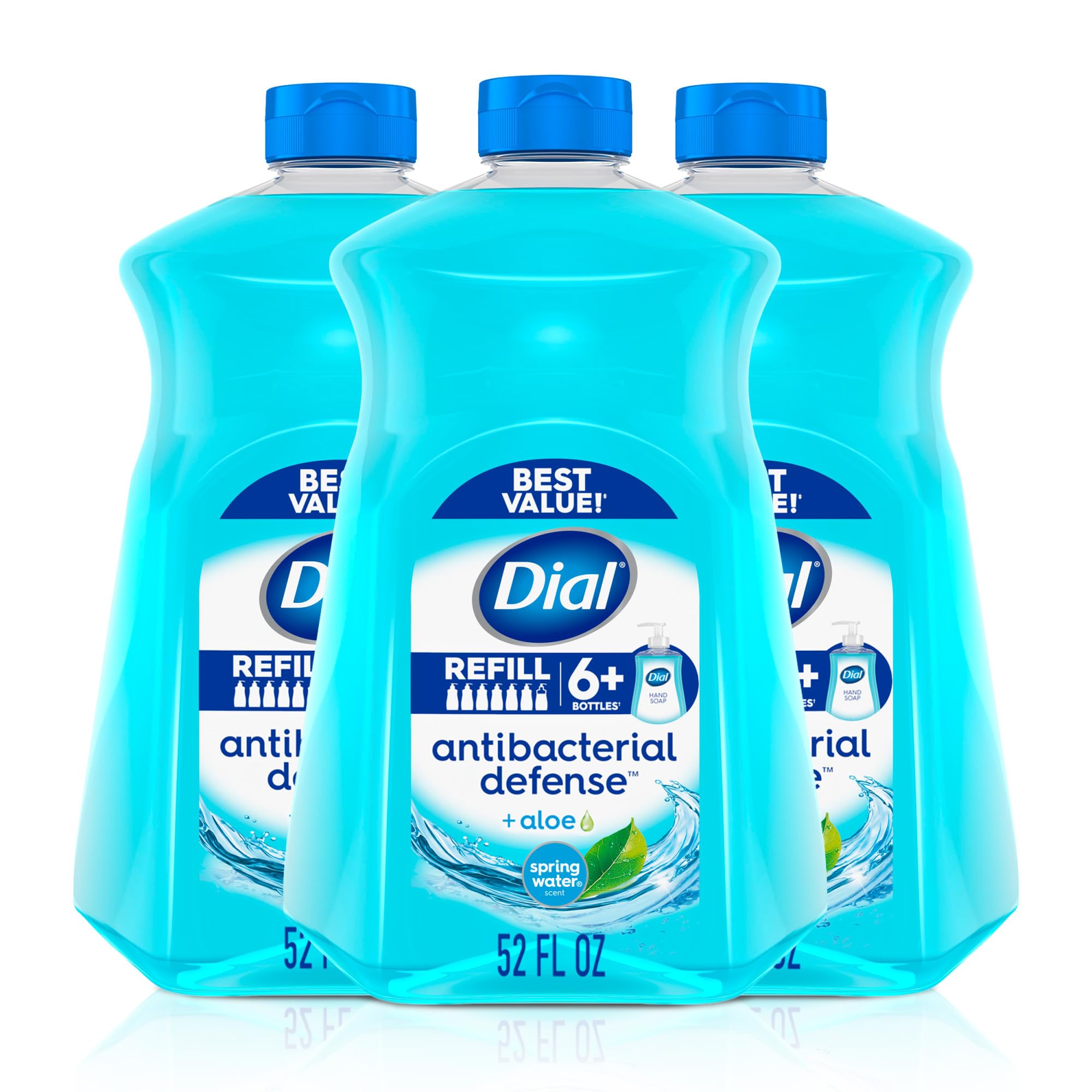 Dial Antibacterial Defense bottle front with aloe for gentle cleansing.