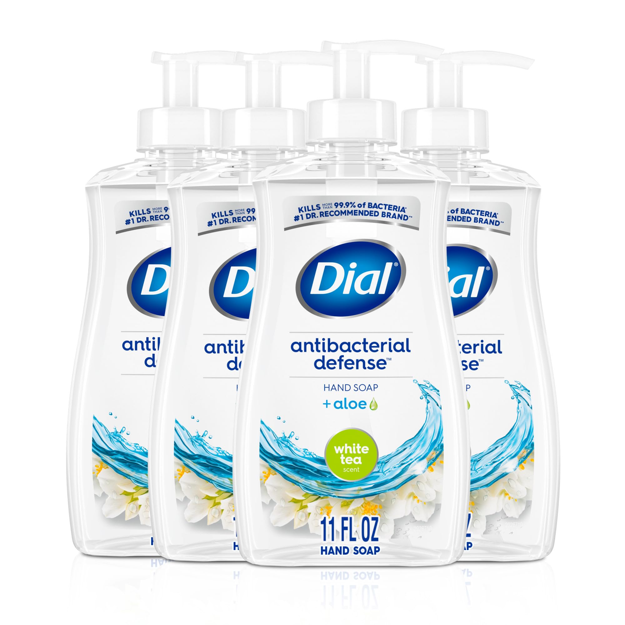 Dial Antibacterial Defense liquid hand soap bottle with aloe for gentle cleansing.