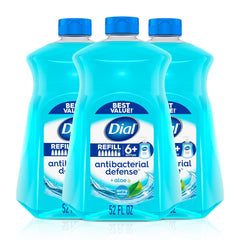 Dial Antibacterial Defense bottle front with aloe for gentle cleansing.