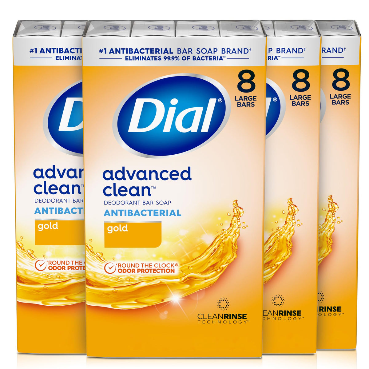Dial antibacterial deodorant bar soap Advanced Clean Gold pack for everyday hand and body cleansing.