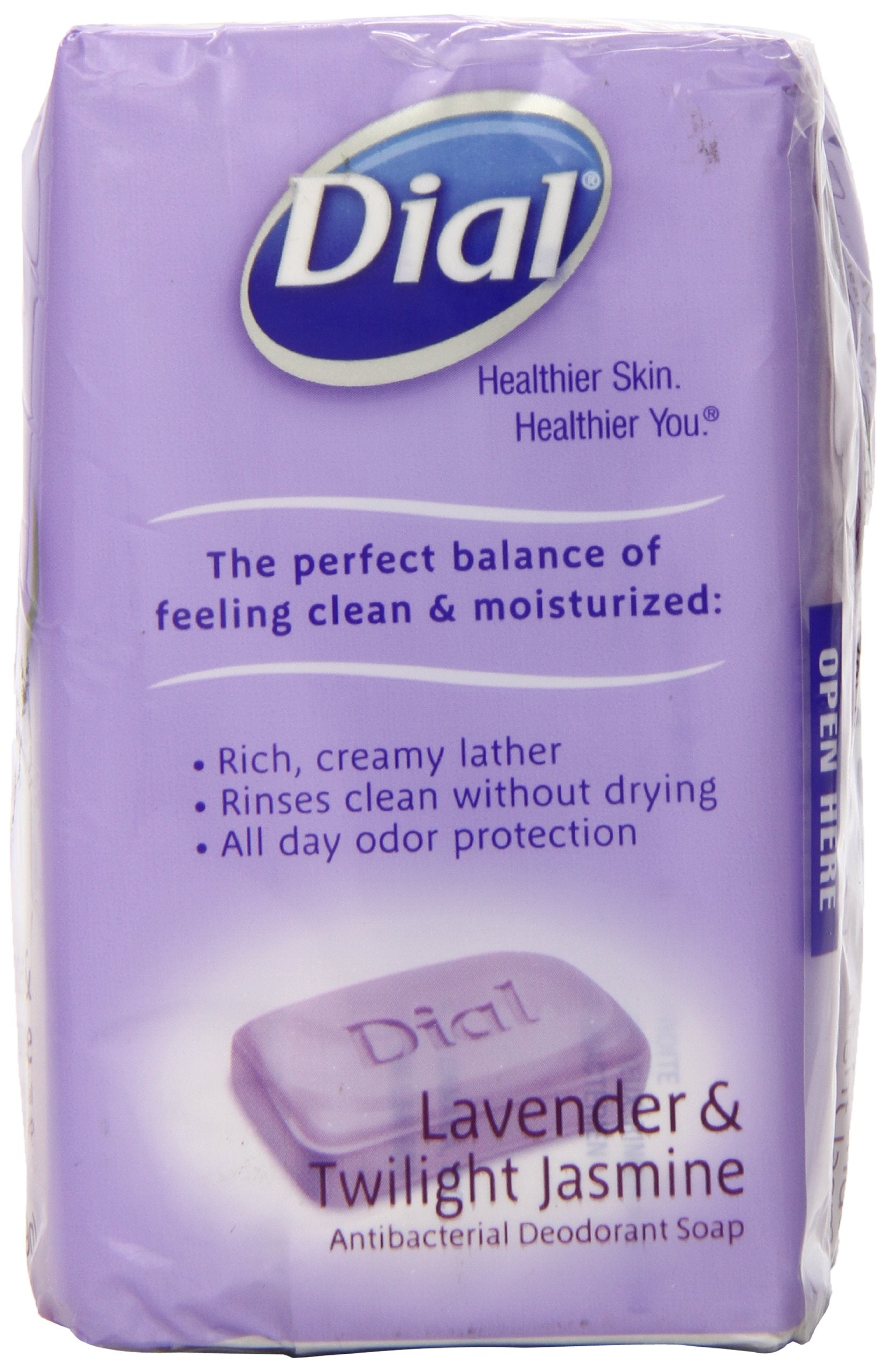 Dial antibacterial deodorant soap lavender twilight jasmine bar back view highlights packaging and lasting scent.