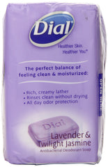 Dial antibacterial deodorant soap lavender twilight jasmine bar back view highlights packaging and lasting scent.