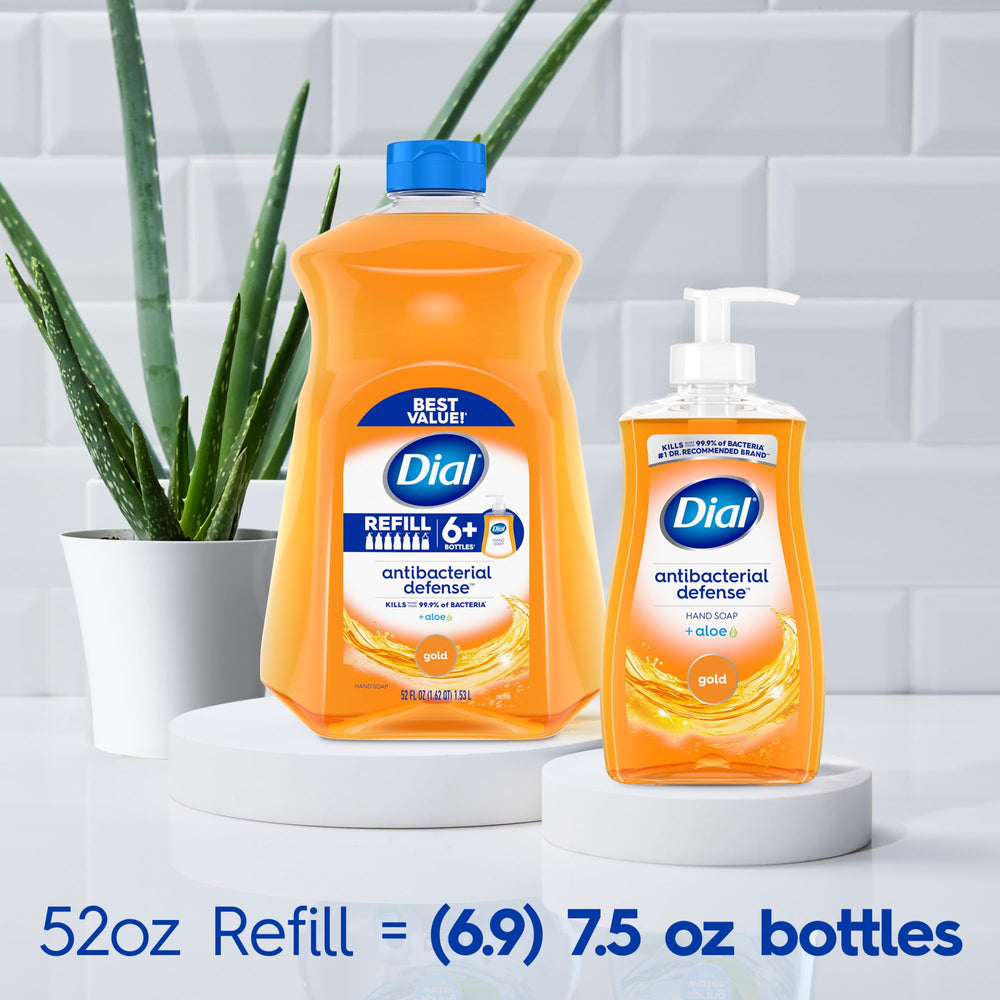 Dial Antibacterial Gold refill-pack highlights long-lasting value and less waste.