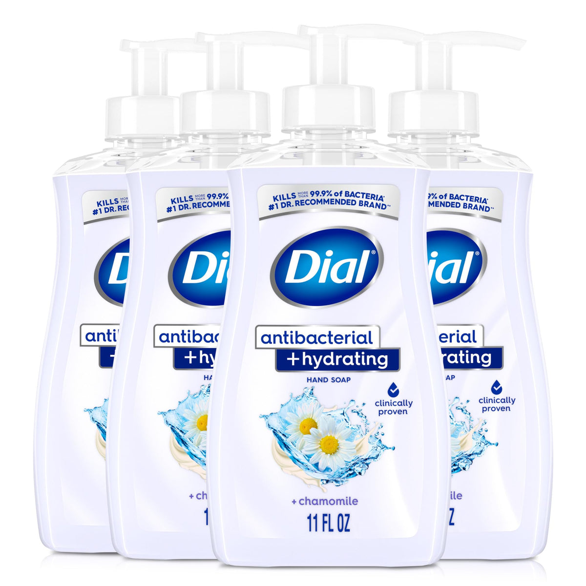 Dial Antibacterial Plus Hydrating Chamomile hand soap bottle for daily cleansing.