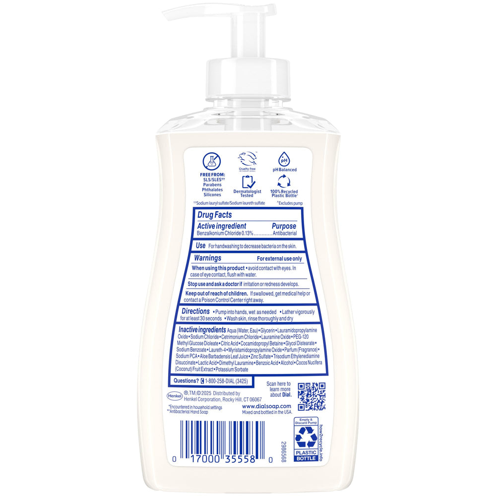 Dial antibacterial hand soap ingredients label including coconut milk