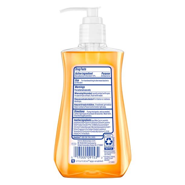 Dial antimicrobial liquid soap label closeup showing Triclosan and refreshing scent.