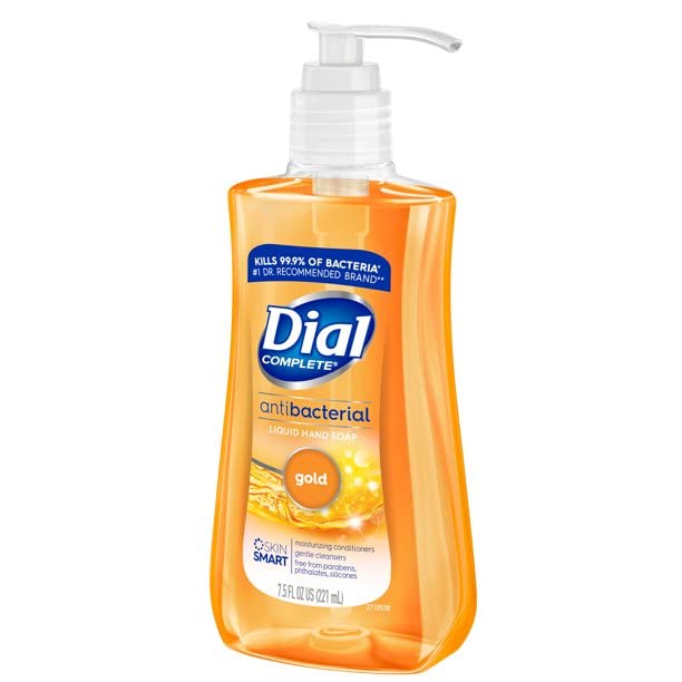 Dial Liquid Soap pump closeup highlighting skin conditioners for gentler cleansing.