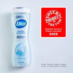Dial Healthy Hydration bottle shows pH-balanced formula for daily use.