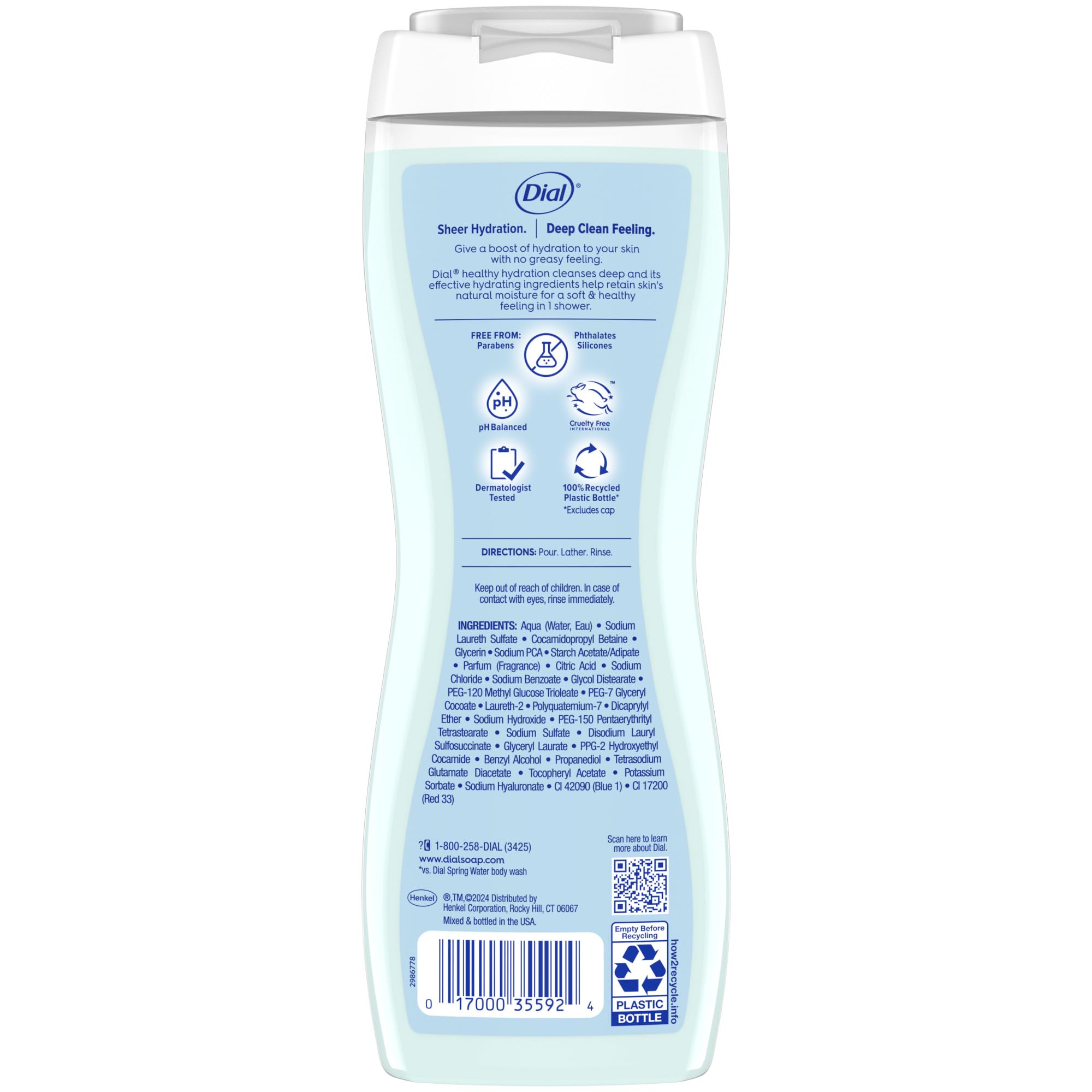 Dial bottle made from recycled plastic for eco-conscious cleansing.