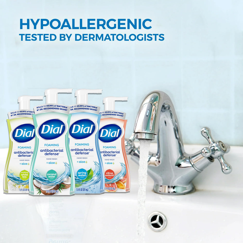 Dial Complete foaming hand wash 1 of 4 bottles in pack showcases variety.