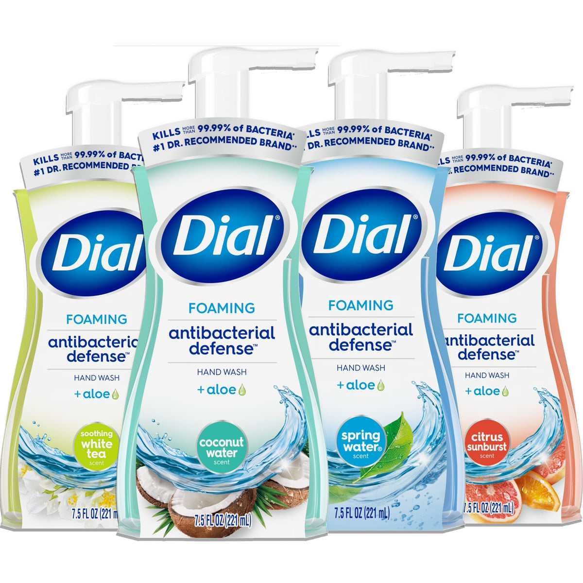 Dial Complete foaming hand wash 4-pack front view for convenient family handwashing.