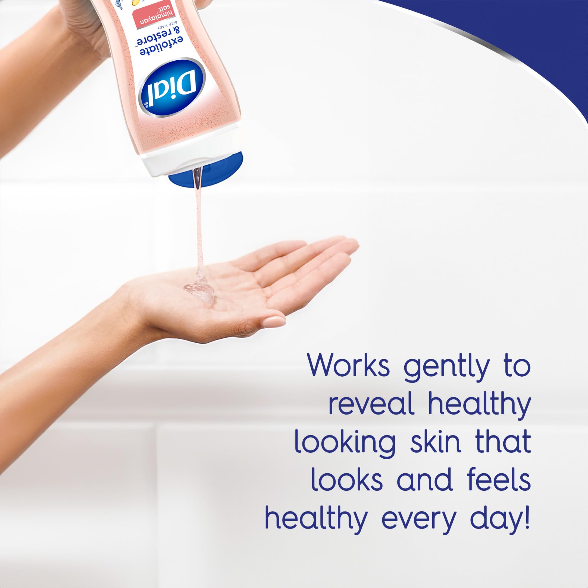 Dial exfoliating salt particles closeup suggests texture refinement after shower.