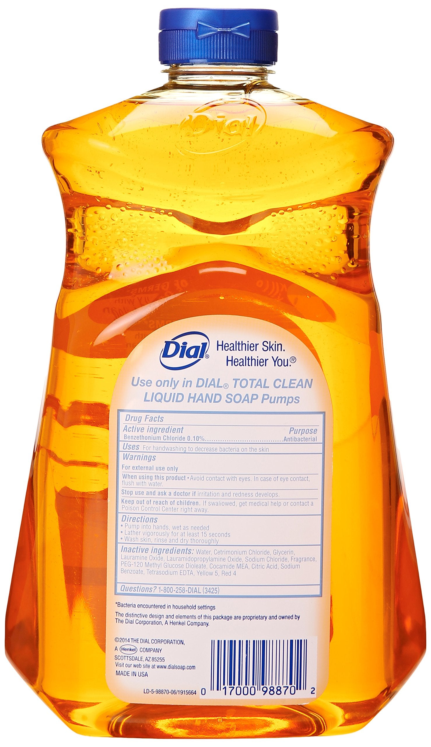 Dial Gold antibacterial liquid soap refill bottle for convenient refills and hydration between washes.