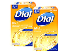 Dial Gold antibacterial soap bar packaging shows premium, long-lasting protection.