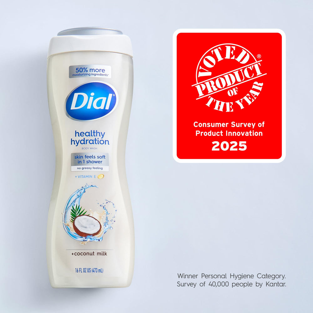 Dial Healthy Hydration vitamin E bottle foreground signals gentle moisturization.