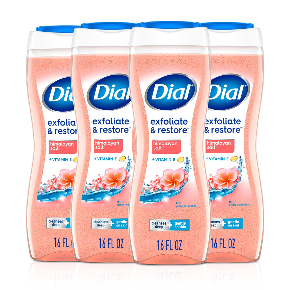Dial Himalayan Salt Body Wash bottle shows gentle exfoliation for radiant skin.
