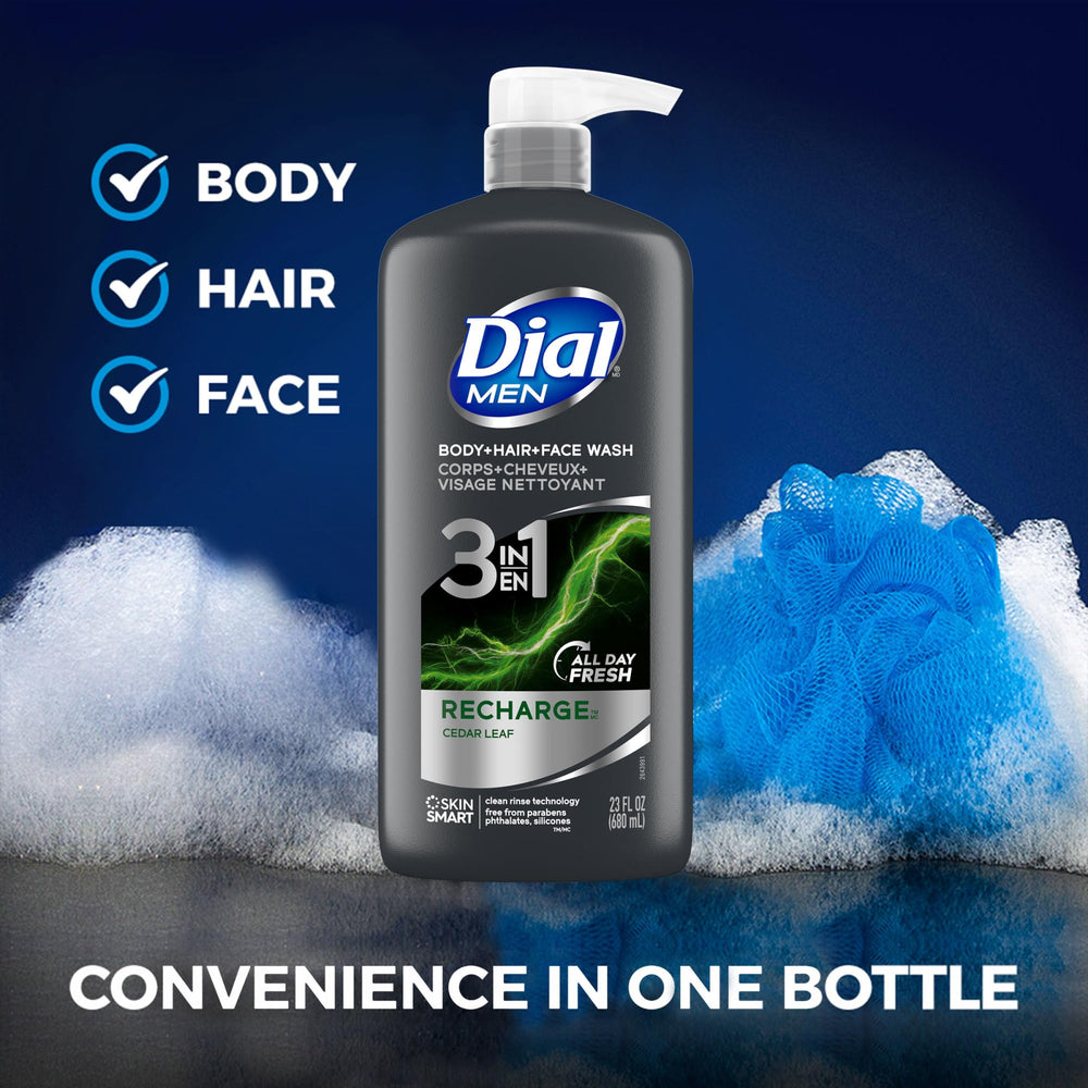 Dial Men 3in1 bottle in hand for easy application.
