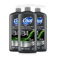 Dial Men 3in1 bottle pour for quick all-in-one cleansing.