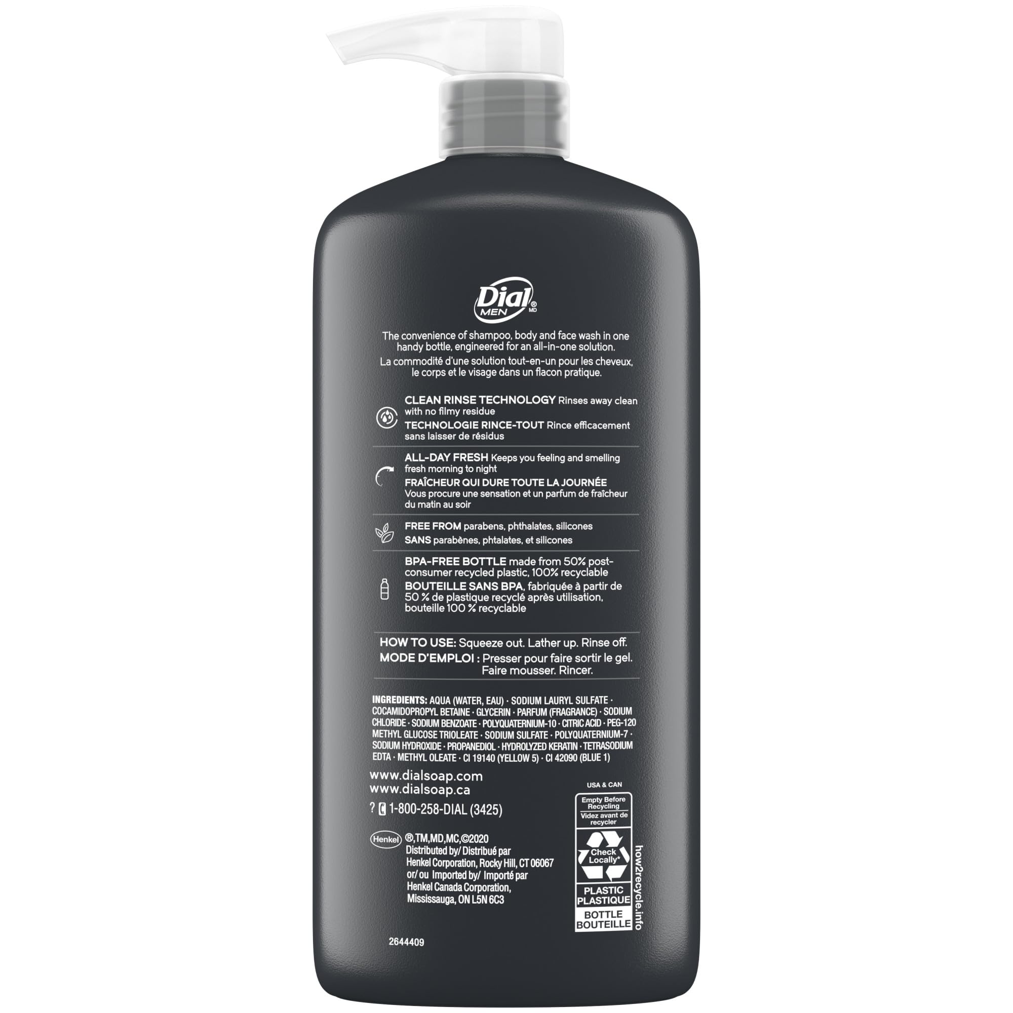 Dial Men 3in1 bottle shows recycled plastic packaging.