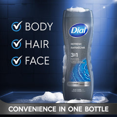 Dial Men 3-in-1 bottle pour—easy application for hair, body, and face.