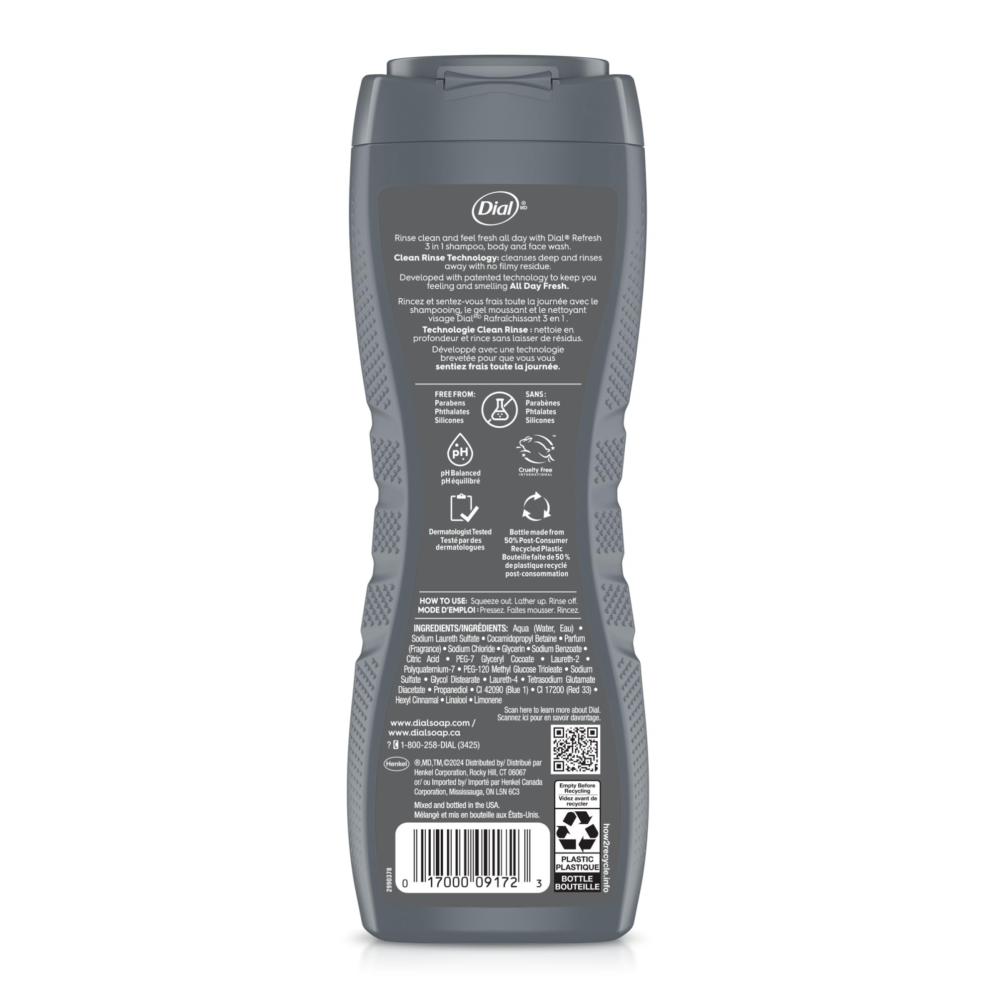 Dial Men 3-in-1 clean-rinse-technology closeup—residue-free cleansing on skin.