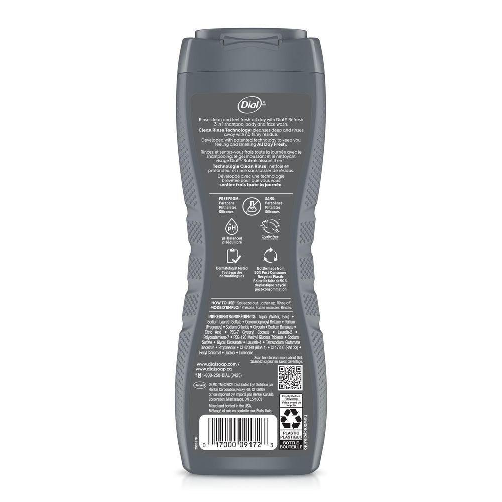 Dial Men 3-in-1 clean-rinse-technology closeup—residue-free cleansing on skin.
