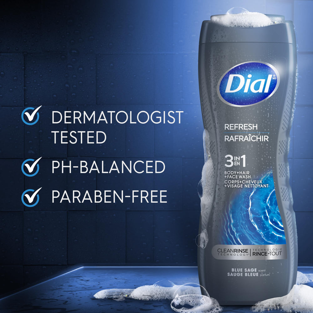 Dial Men 3-in-1 label detail—pH-balanced formula for daily use.