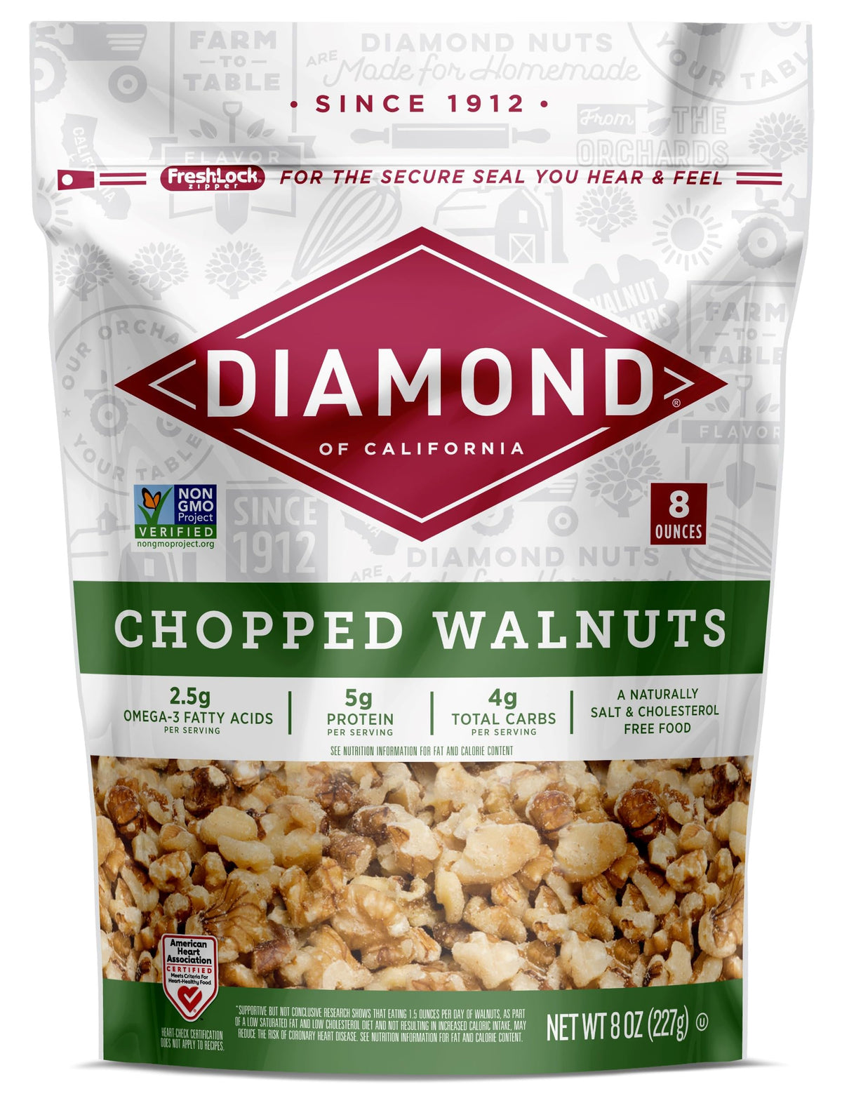 Diamond of California chopped walnuts 8oz packaging ideal for snacking