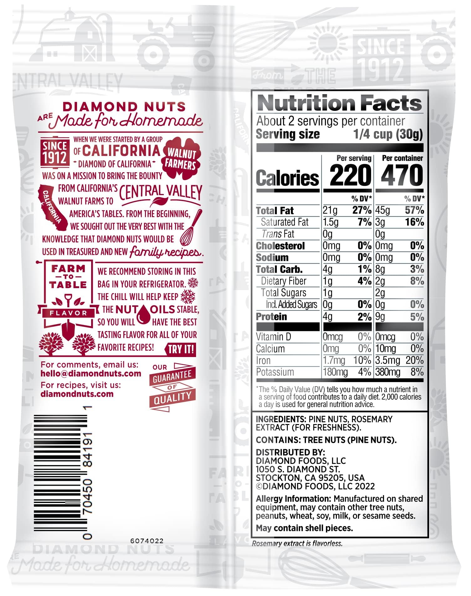 Diamond of California raw unsalted pine nuts ready for snacking.