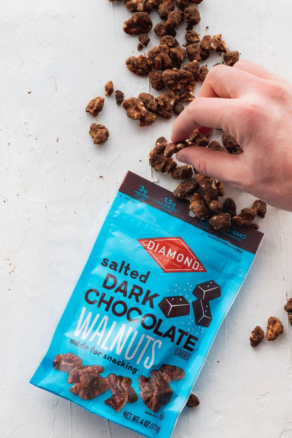 Diamond of California salted dark chocolate walnut snack used for baking.