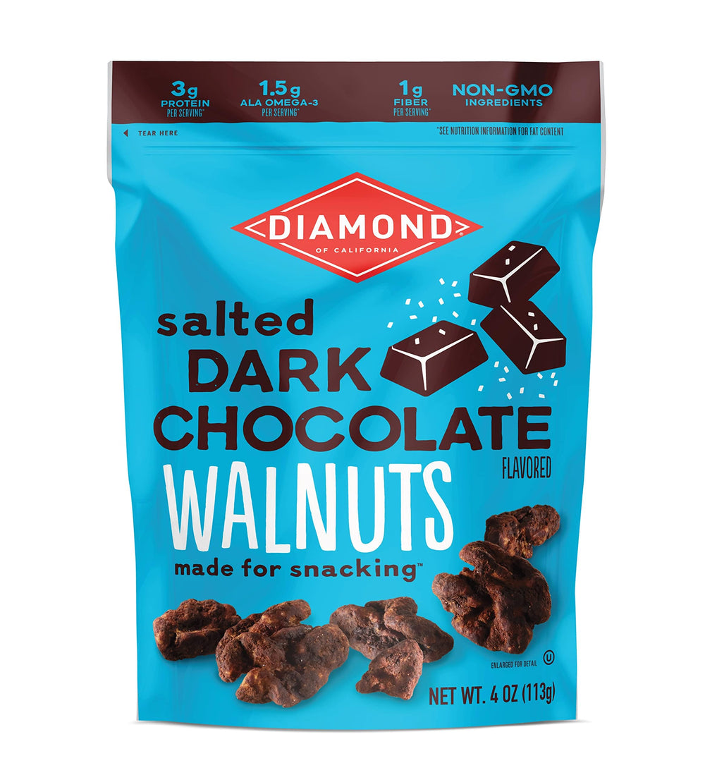 Diamond of California salted dark chocolate walnut snack nuts close-up; protein-rich bite.