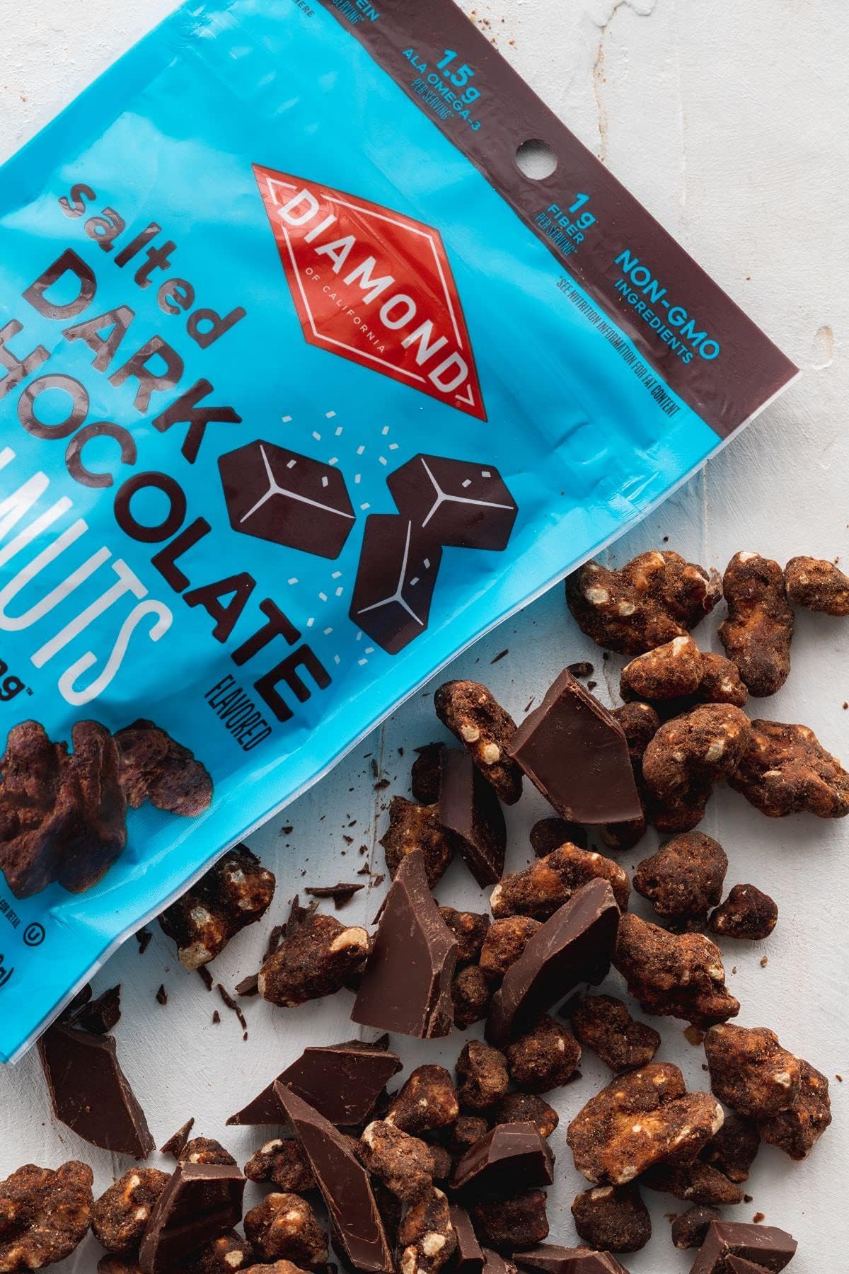 Diamond of California salted dark chocolate walnut snack as a quick nibble.