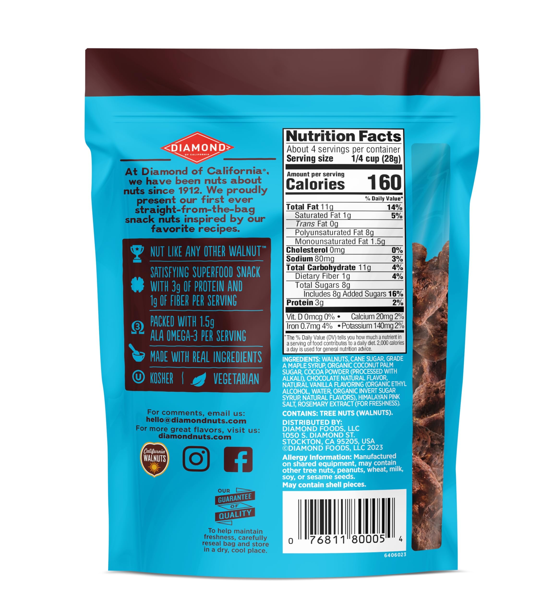 Diamond of California salted dark chocolate walnut snack packaging on display, ready to snack.