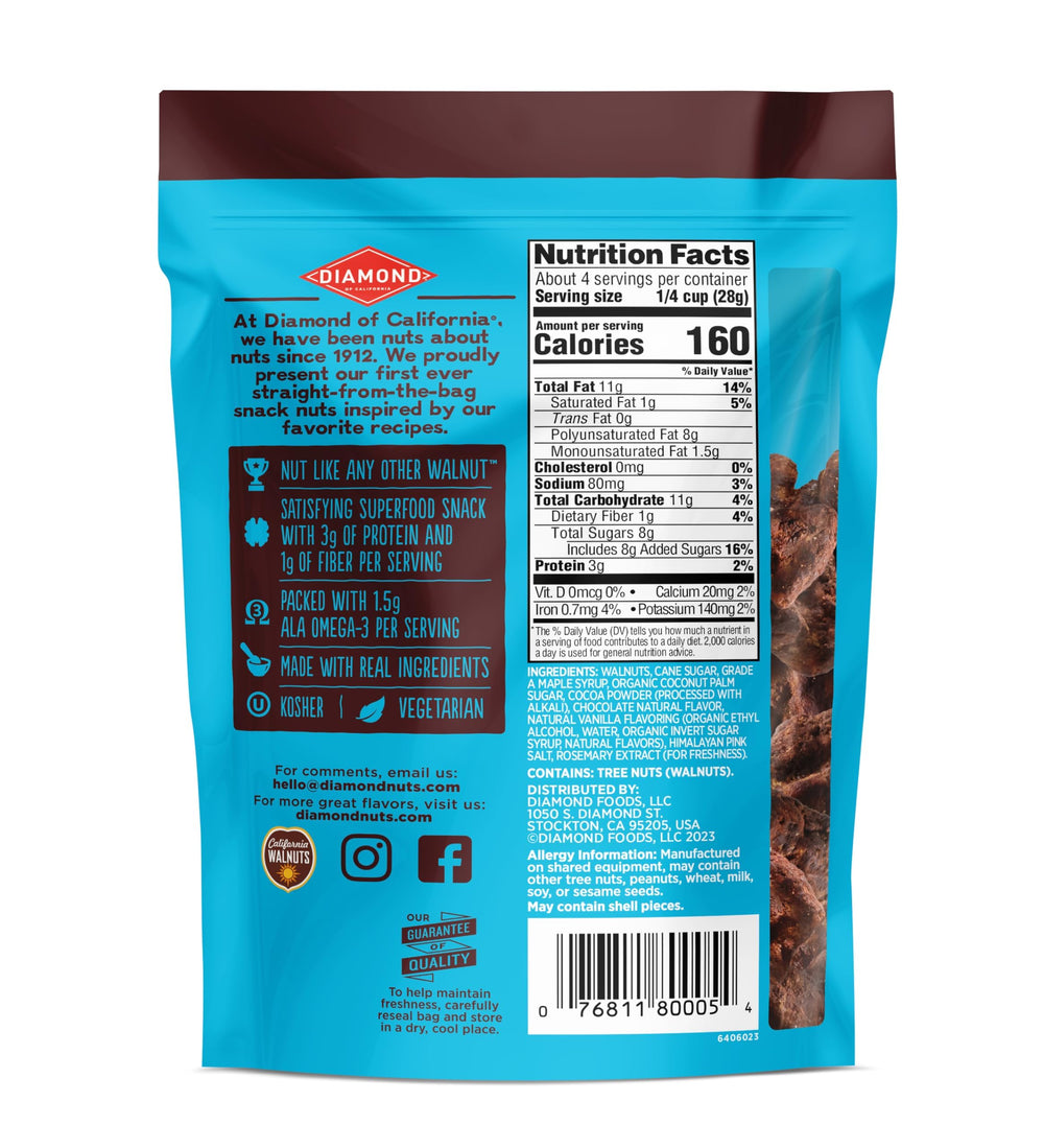 Diamond of California salted dark chocolate walnut snack packaging on display, ready to snack.