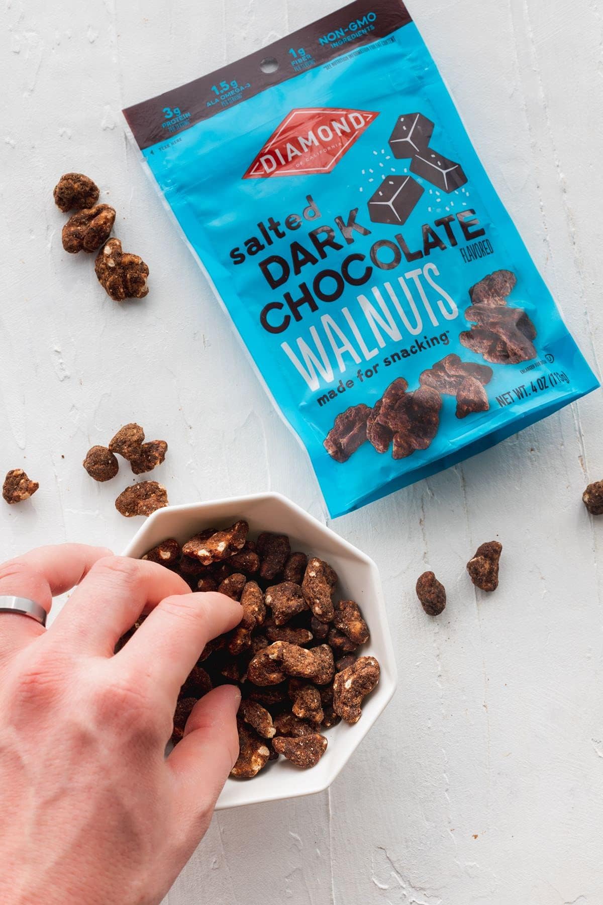Diamond of California salted dark chocolate walnut snack in trail mix.