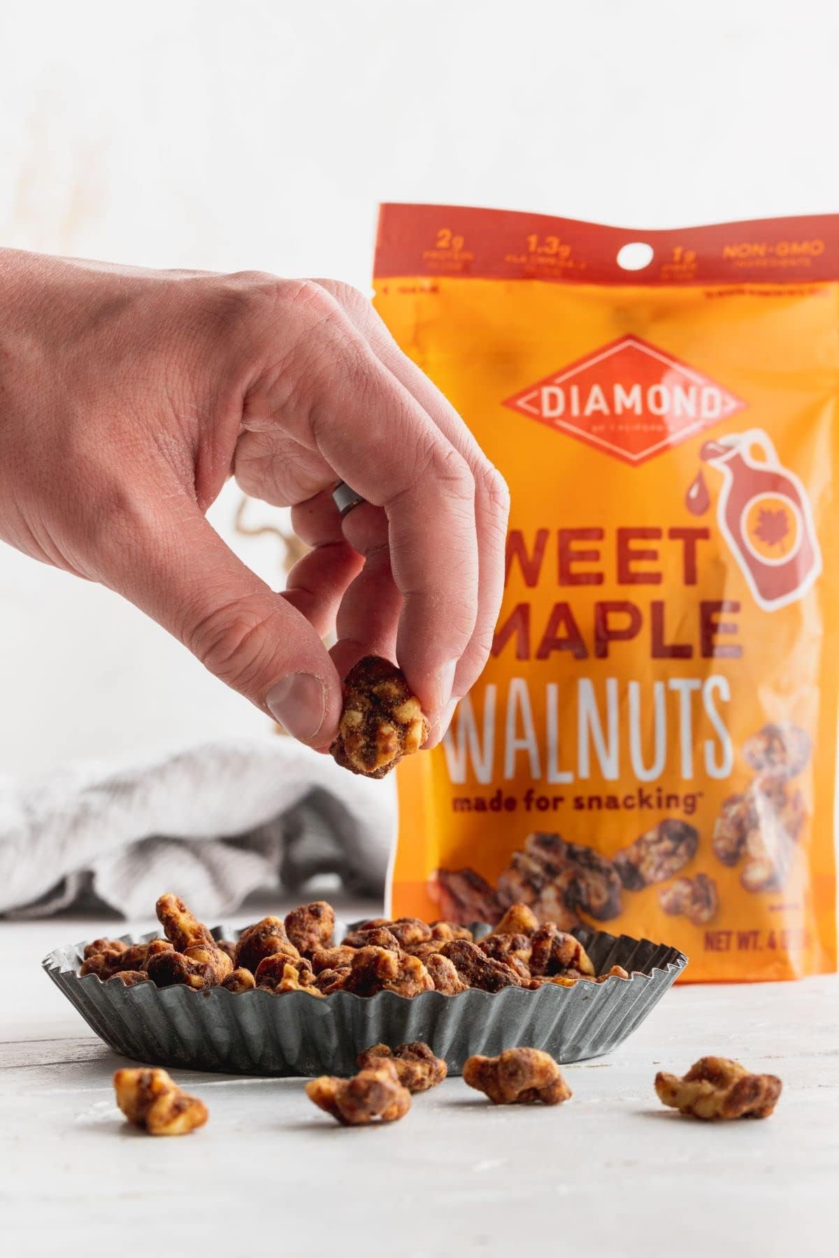 Diamond of California Sweet Maple Walnuts bag-open—ready to pour into bowls or salads.