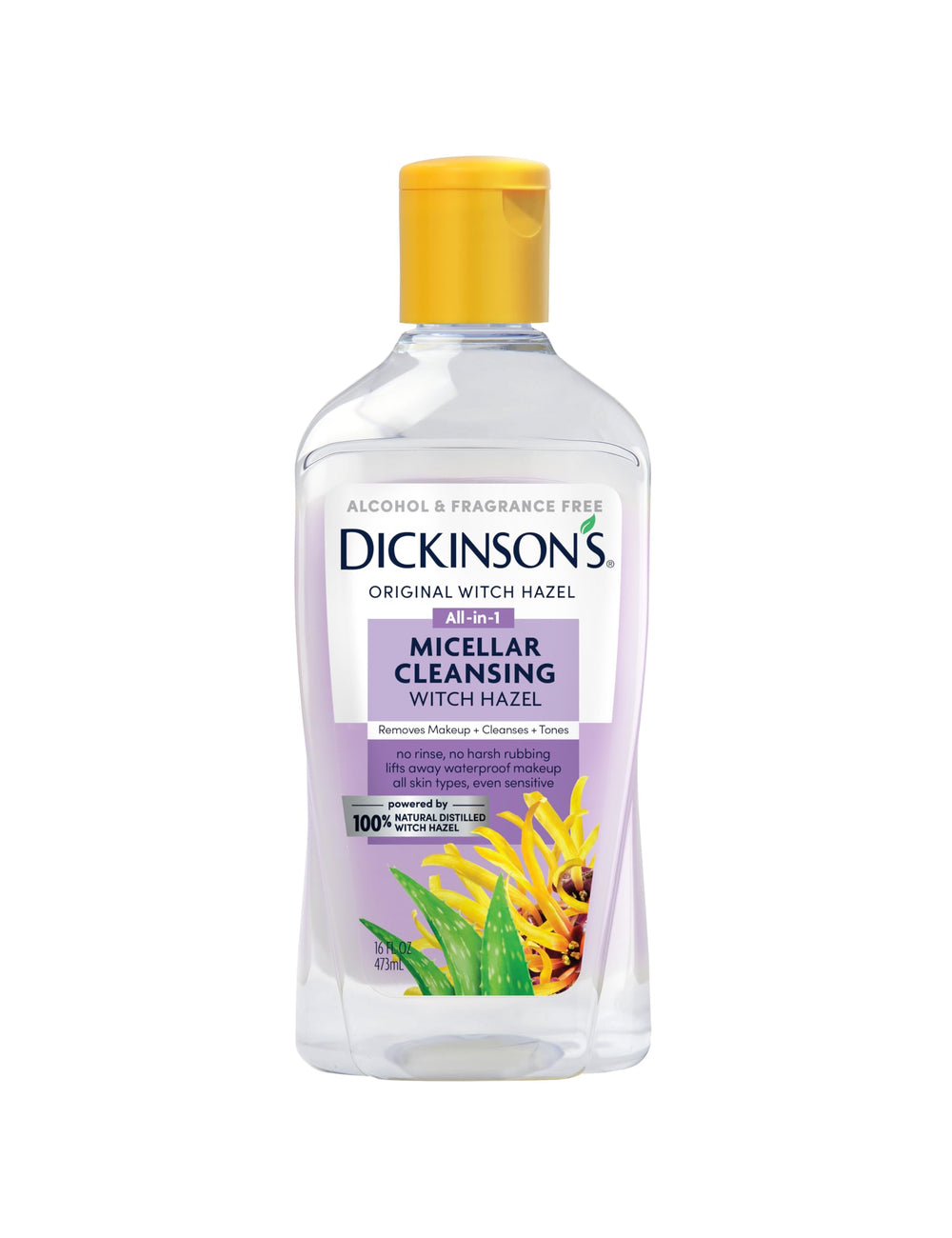 Dickinson's micellar witch hazel bottle front view for gentle makeup removal.