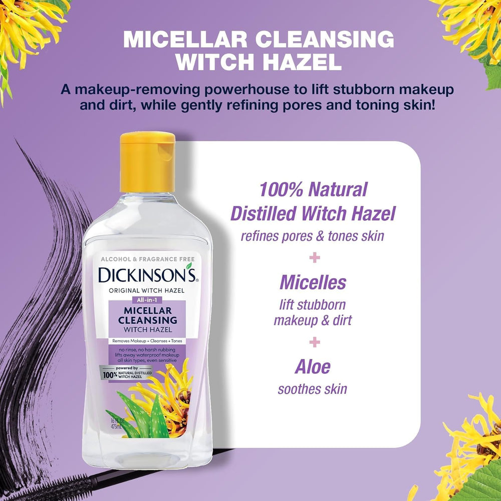Dickinson's micellar witch hazel dermatologist-tested label signals safe use.