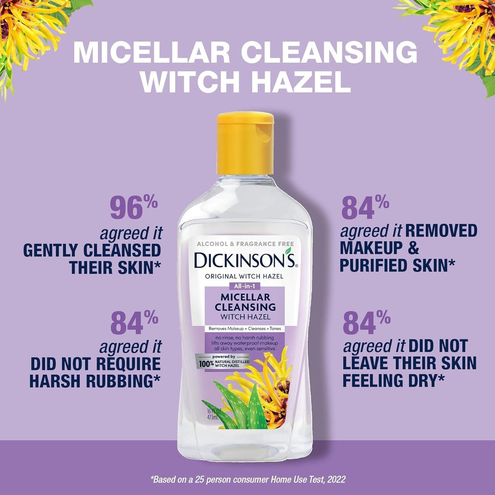 Dickinson's micellar witch hazel fragrance-free formula supports sensitive skin.