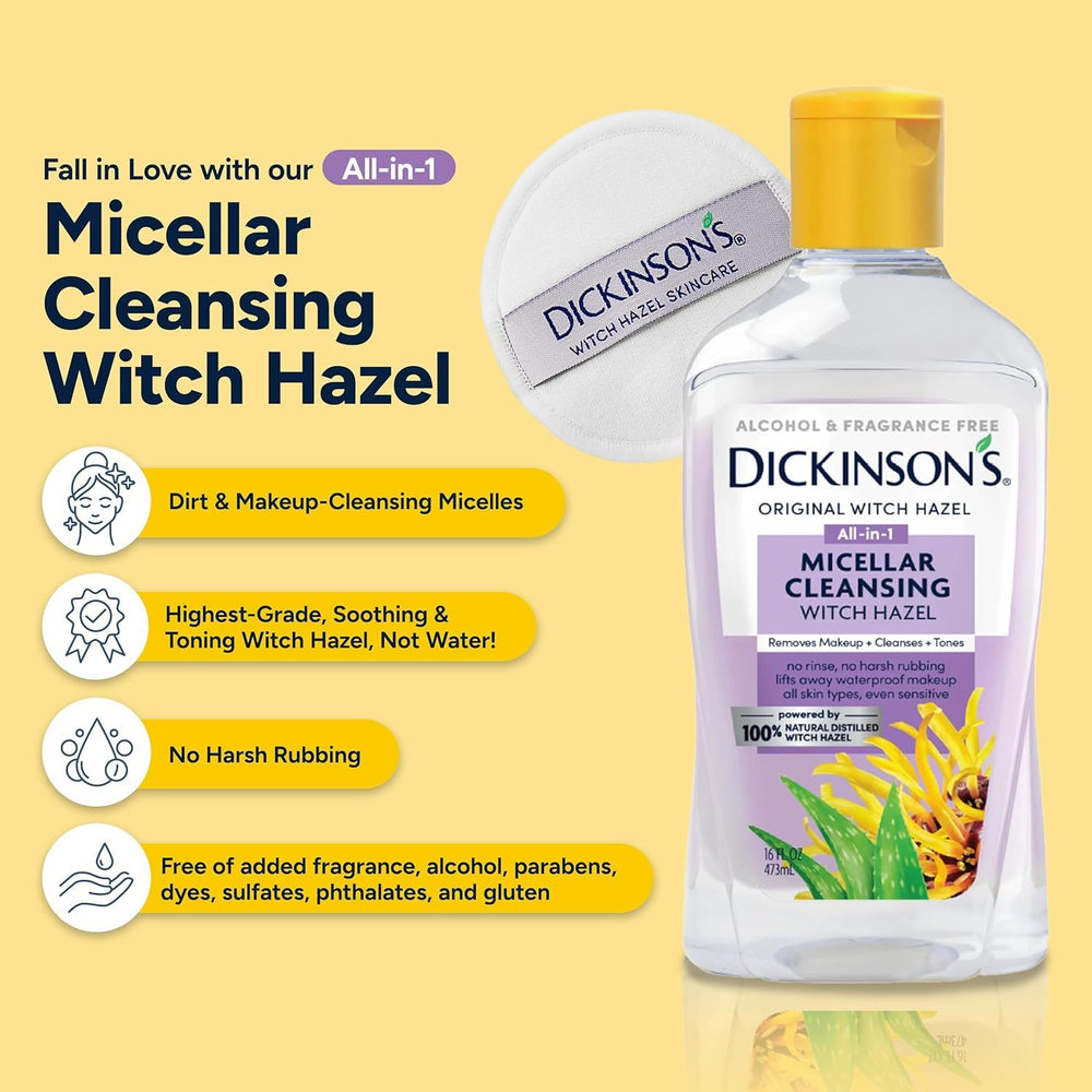 Dickinson's micellar witch hazel ingredient list highlights distilled witch hazel purity.