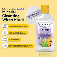 Dickinson's micellar witch hazel ingredient list highlights distilled witch hazel purity.