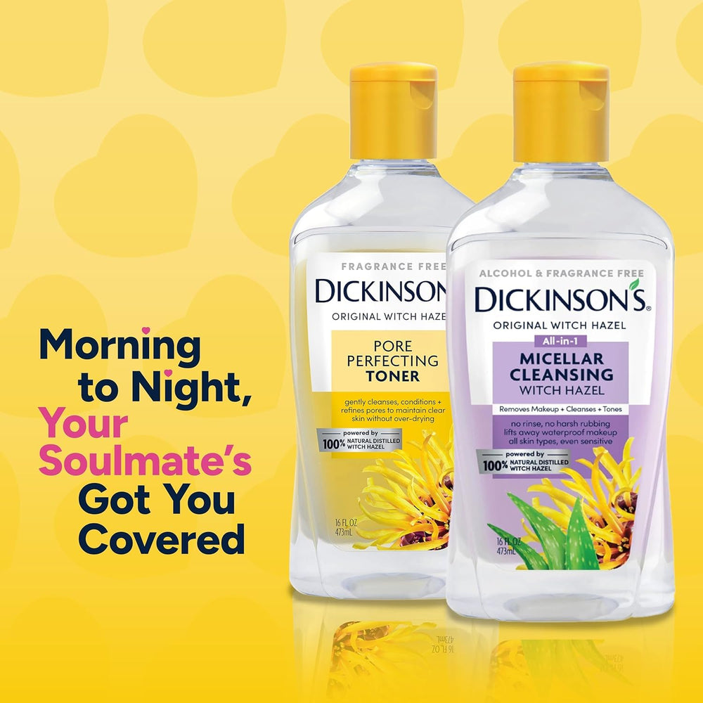 Dickinson's micellar witch hazel removes waterproof makeup without rubbing.