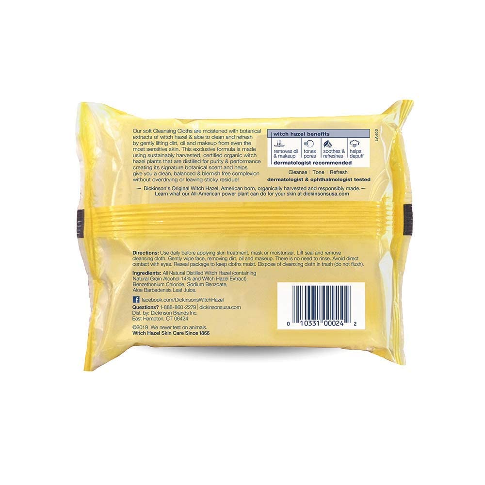 Dickinson's Witch Hazel cleansing cloths deliver all-in-one cleanse and toner in one wipe