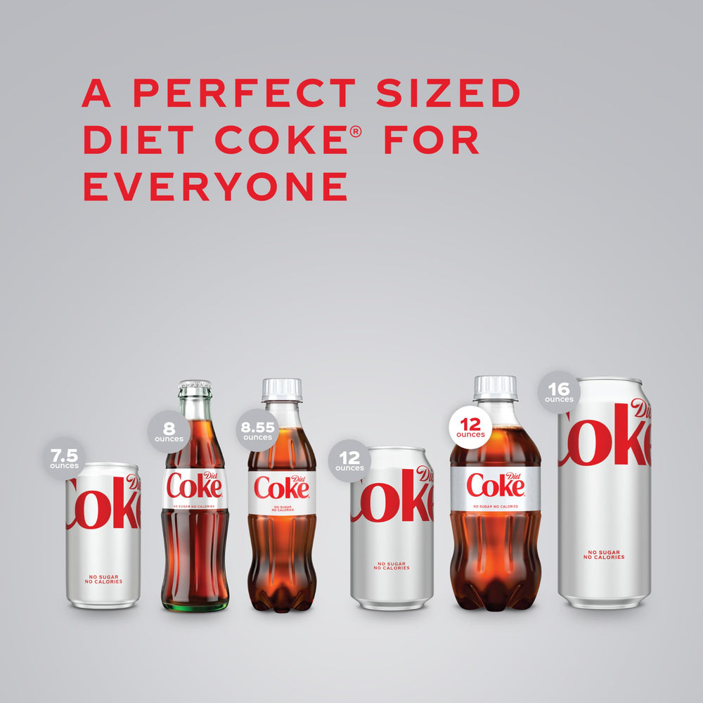 Diet Coke back-label shows calorie-free claim and serving info.